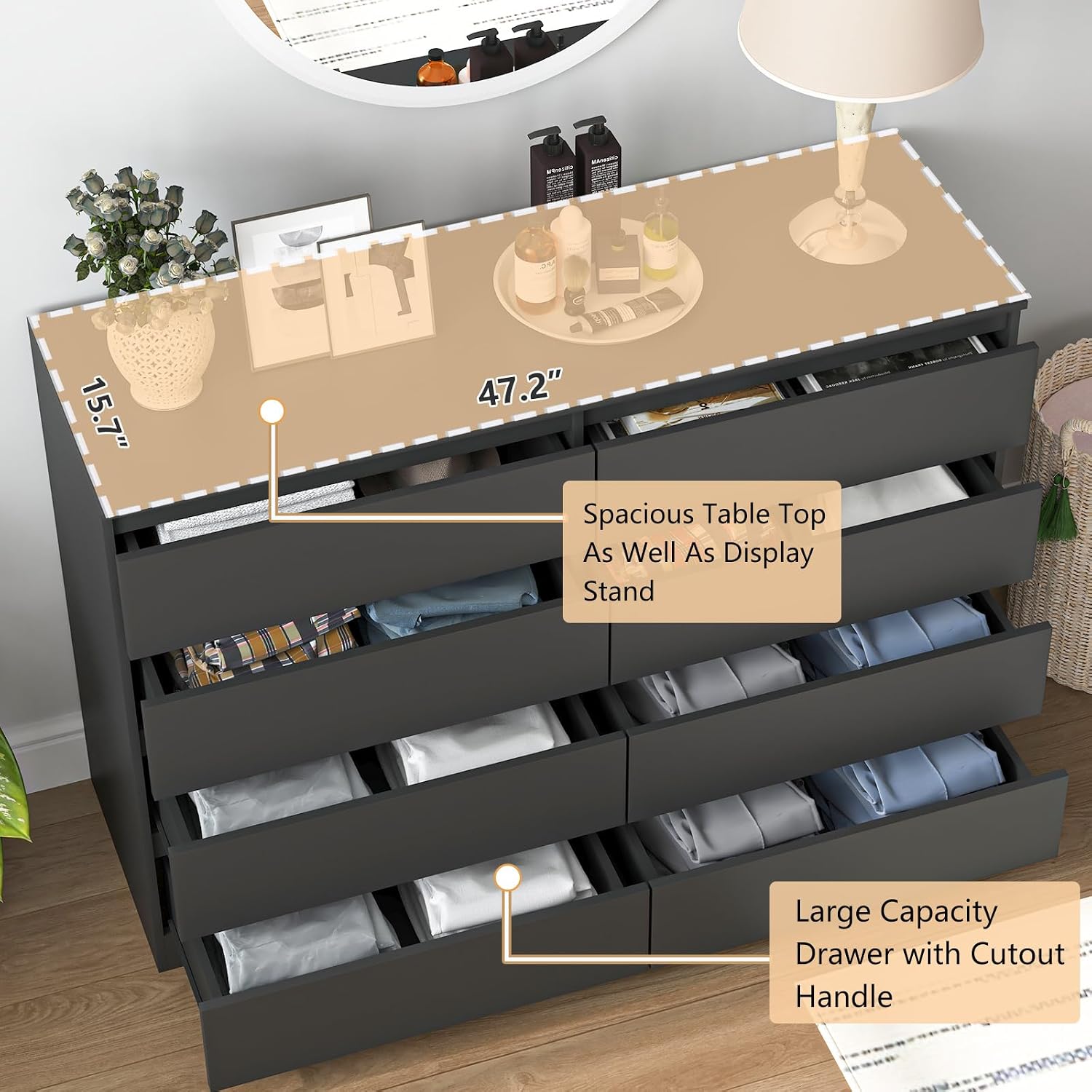 Vibe & Dine Double Dresser 8 Drawer, Modern Wooden Chest of Drawers with Wide Storage for Closet, Bedroom, Living Room, Black
