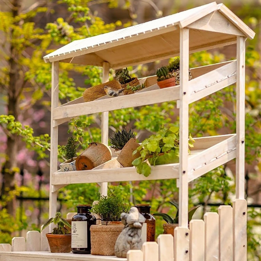 Potting Bench with Storage Wooden Garden Table Work Station Movable Wheels Open Shelf Lower Storage Outdoor Patio Workstation