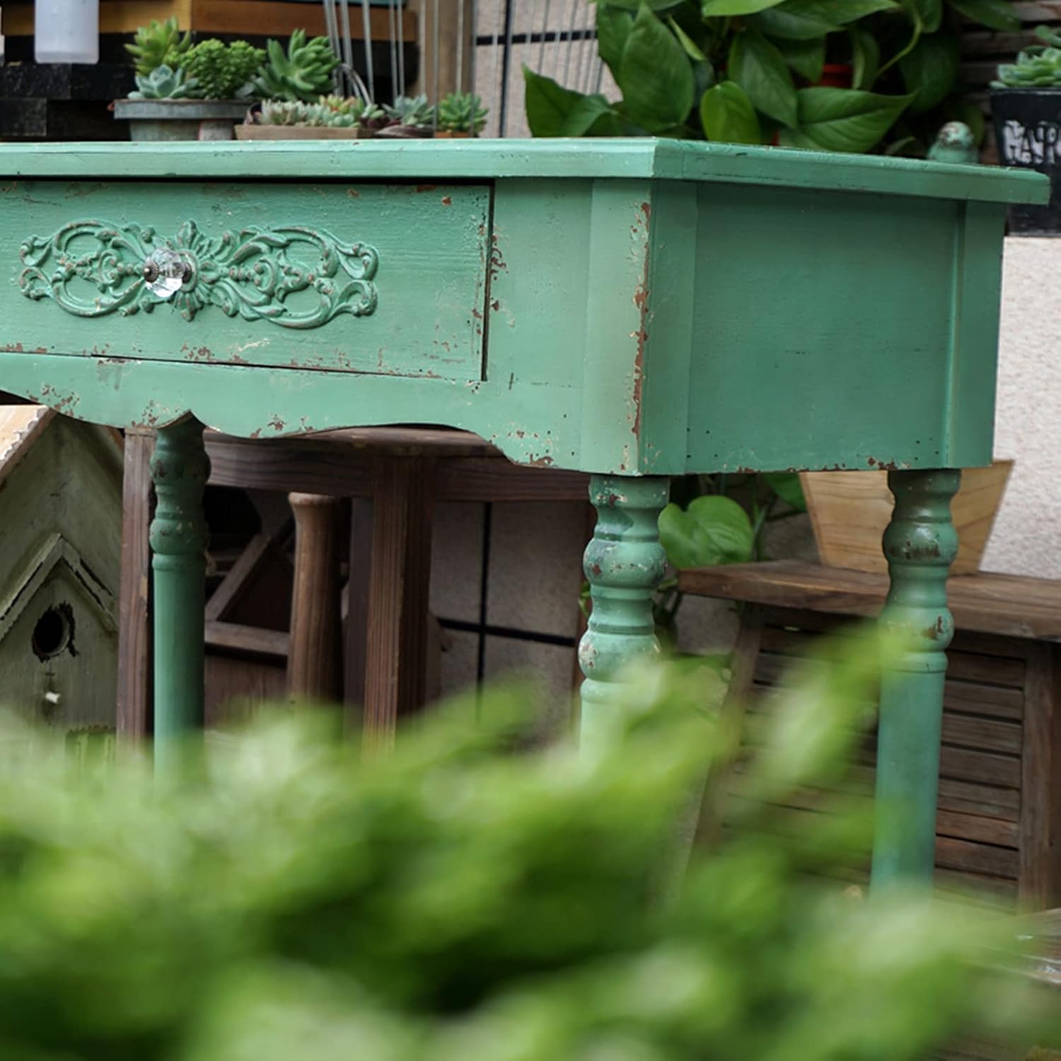 YYUN Wooden Potting Planting Table Retro Garden Practical Workstation Decorative with Drawer and Open Shelves for Outdoor or Indoor, 80×38×83.5cm, Green