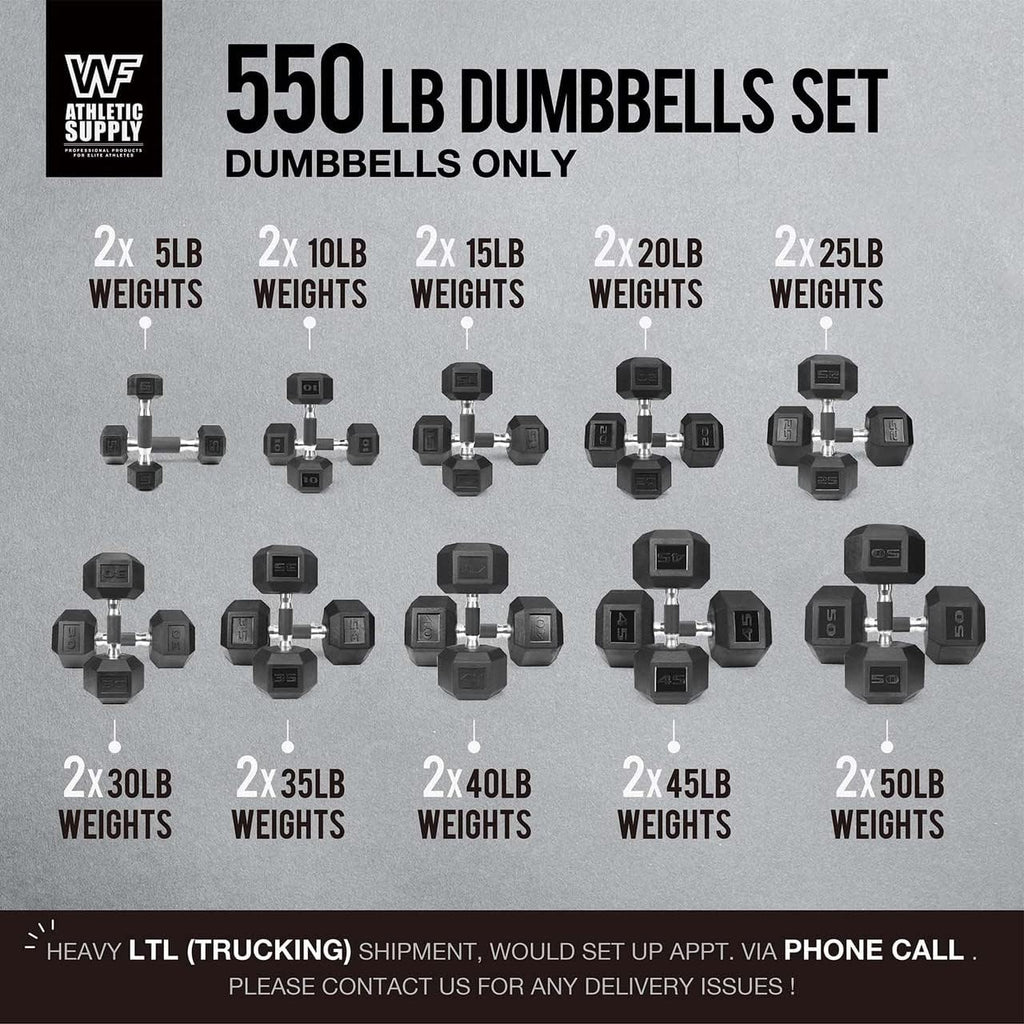 WF Athletic Supply Rubber Encased Hex Dumbbells with Rubber Grip Contoured Handle for Muscle Toning, Strength Building & Full Body Workout