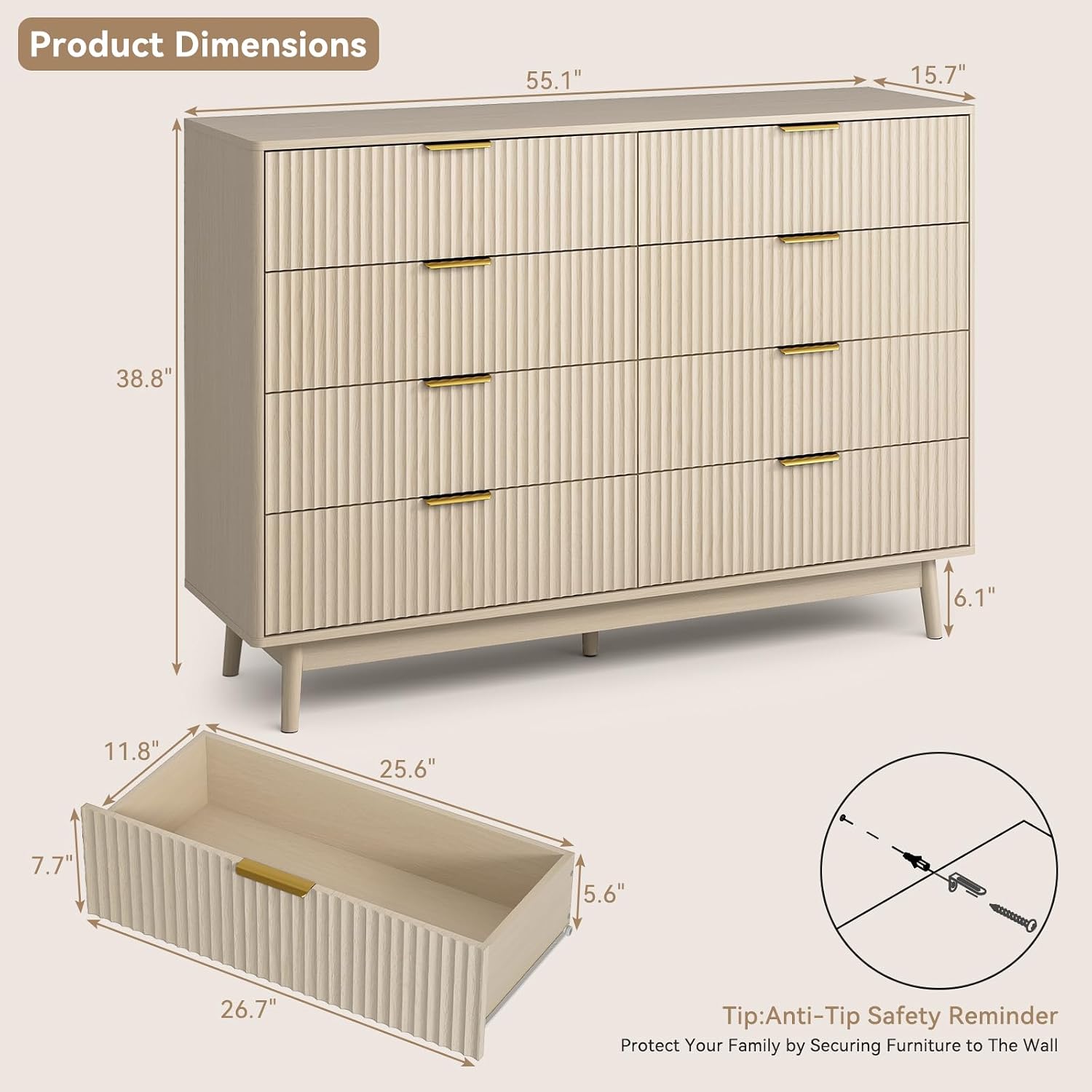 CARPETNAL Fluted Dresser and Nightstand Sets for Bedroom, 3 Pcs Bedroom Set, 8-Drawer Dresser & 2-Drawer Nightstand Set of 2, Modern Wood Chest of Drawers for Living Room, Entryway, Beige