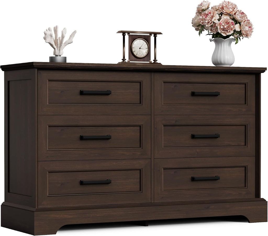 Furmax Farmhouse Dresser for Bedroom, 6 Drawers Dresser, Wood Chest of Drawers, 47.2' Wide Storage Dressers Organizer for Bedroom, Living Room, Dark Brown