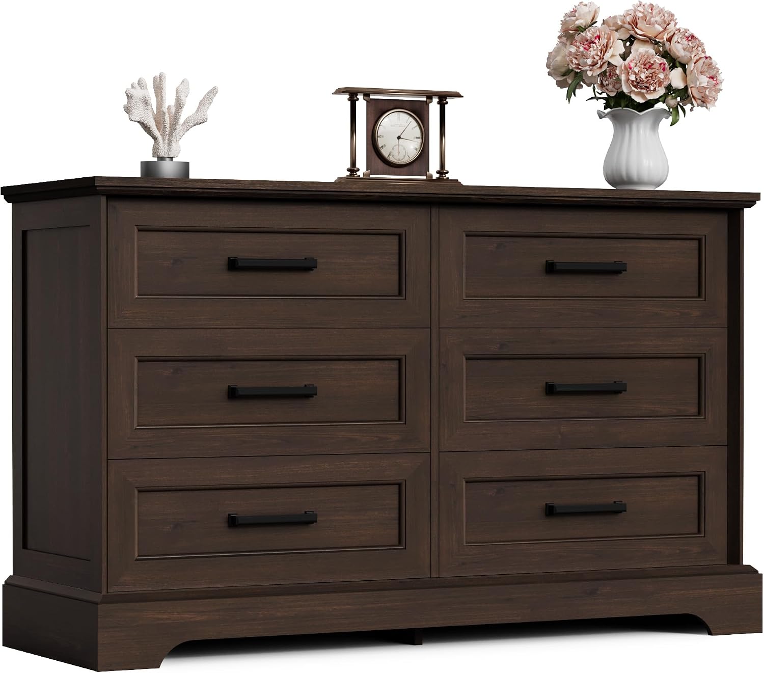 Furmax Farmhouse Dresser for Bedroom, 6 Drawers Dresser, Wood Chest of Drawers, 47.2' Wide Storage Dressers Organizer for Bedroom, Living Room, Dark Brown