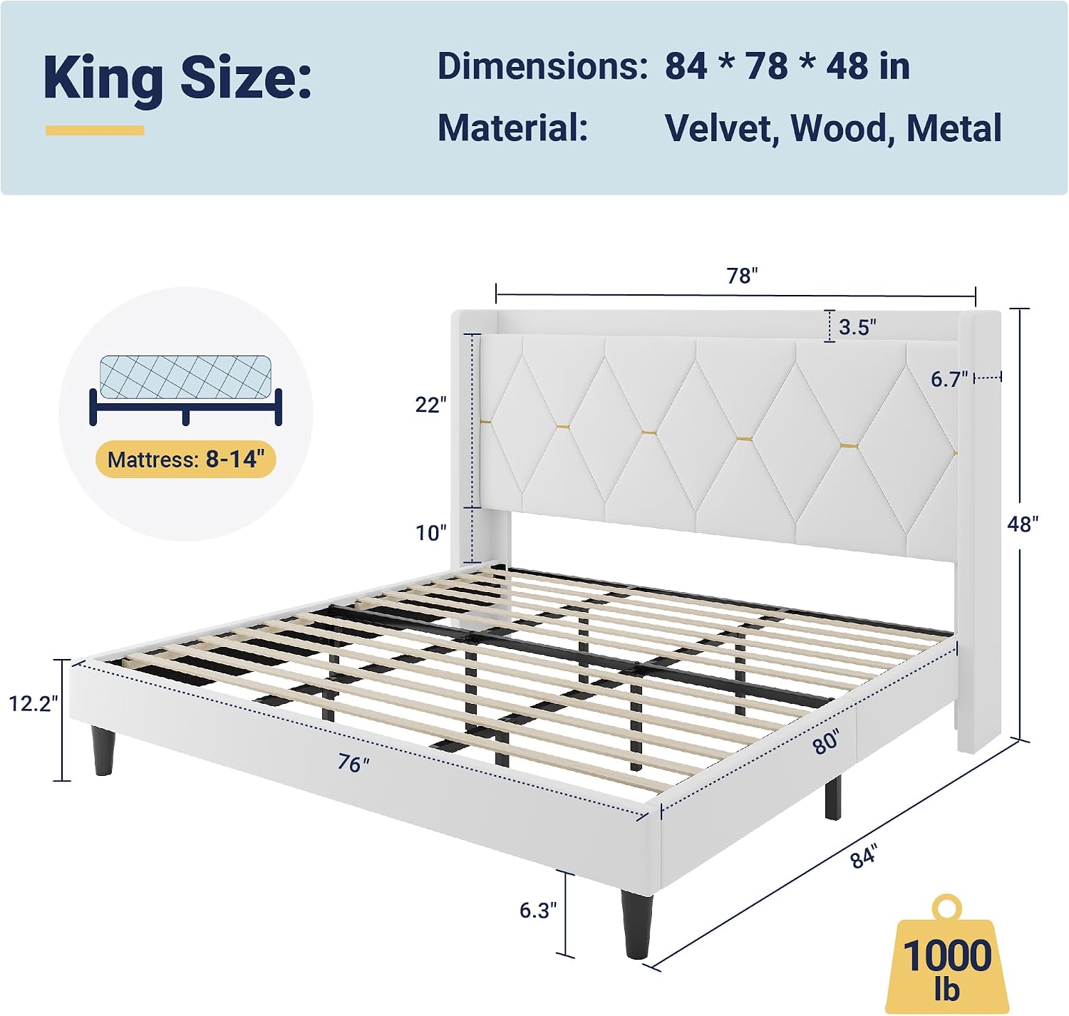 Allewie Velvet King Size Upholstered Bed Frame with Wingback Storage Headboard & Charging Station, Platform Bed with Diamond Tufted Design & Gold Trim, No Box Spring Needed, Easy Assembly, White