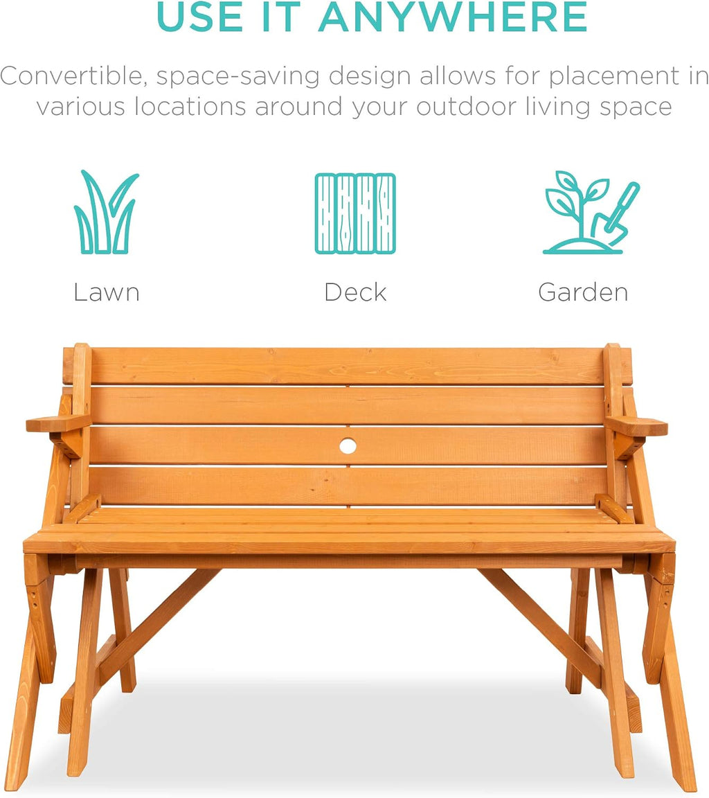 Best Choice Products 2-in-1 Transforming Interchangeable Outdoor Wooden Picnic Table Garden Bench for Backyard, Porch, Patio, Deck w/Umbrella Hole - Natural