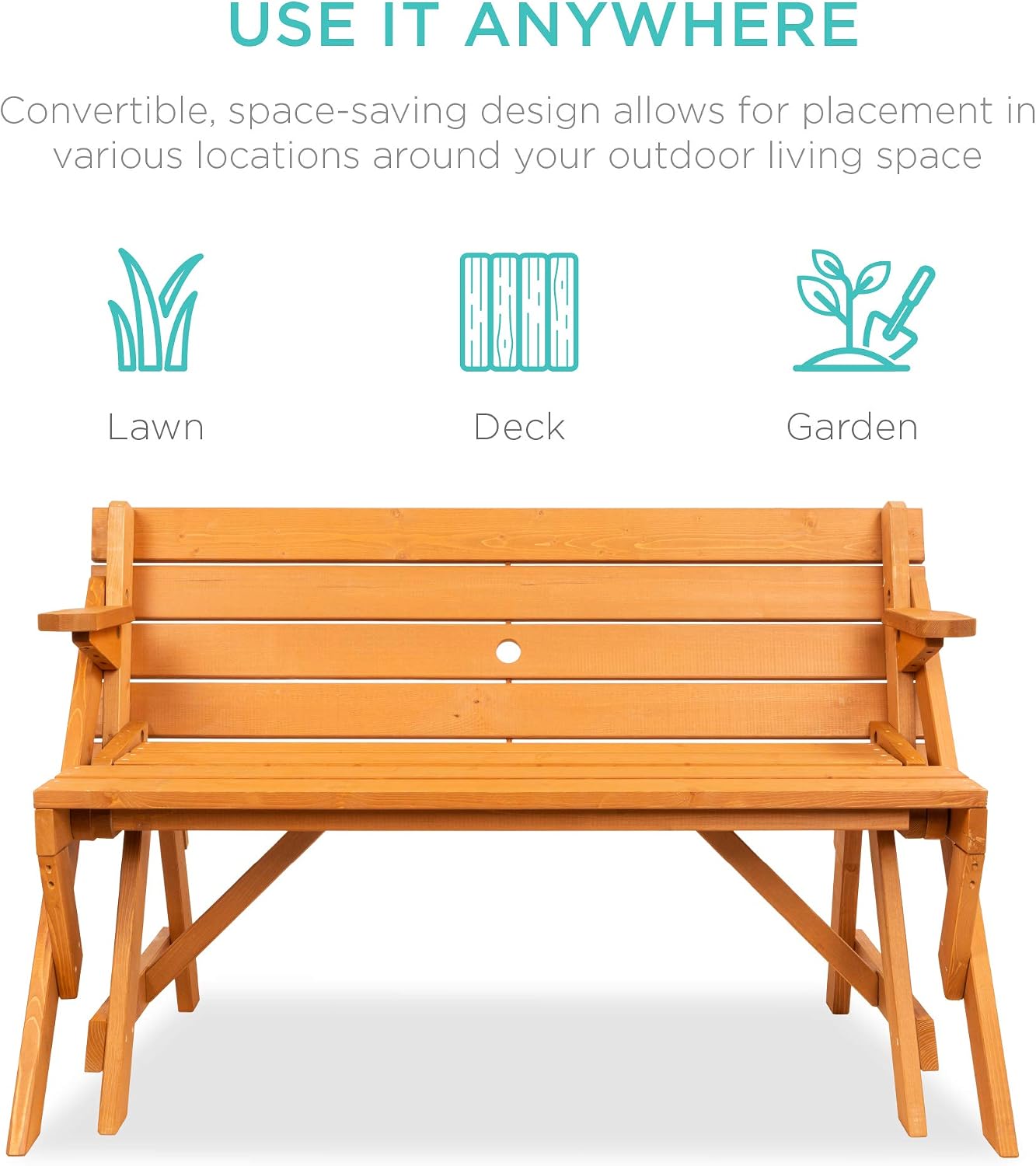 Best Choice Products 2-in-1 Transforming Interchangeable Outdoor Wooden Picnic Table Garden Bench for Backyard, Porch, Patio, Deck w/Umbrella Hole - Natural