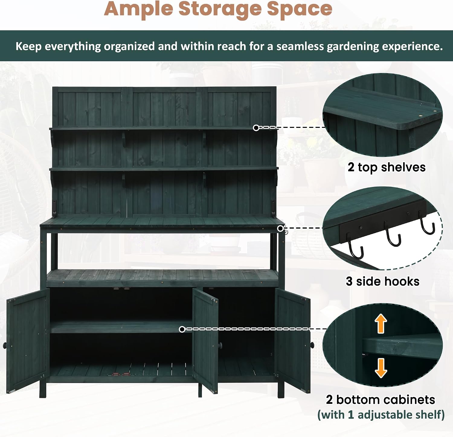 65.4' Fir Wood Garden Workstation with 2 Shelves & 2 Cabinets, Outdoor Potting Bench with Hutch, Outdoor Planting Table with Large Countertop & 3 Side Hooks, Forest Green