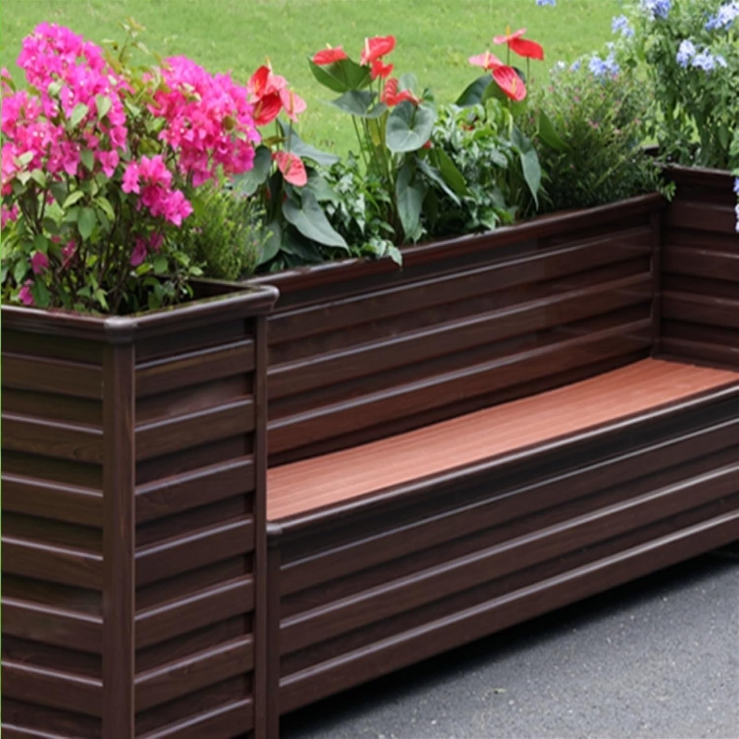 Bench with Planter Box, Outdoor Planter Benches Outdoor Bench Wooden Raised Garden Bed with Planter Box, Large Wood Planter Bench Deck Plant Box for Porch, Patio, Garden, Brown Garden Bench