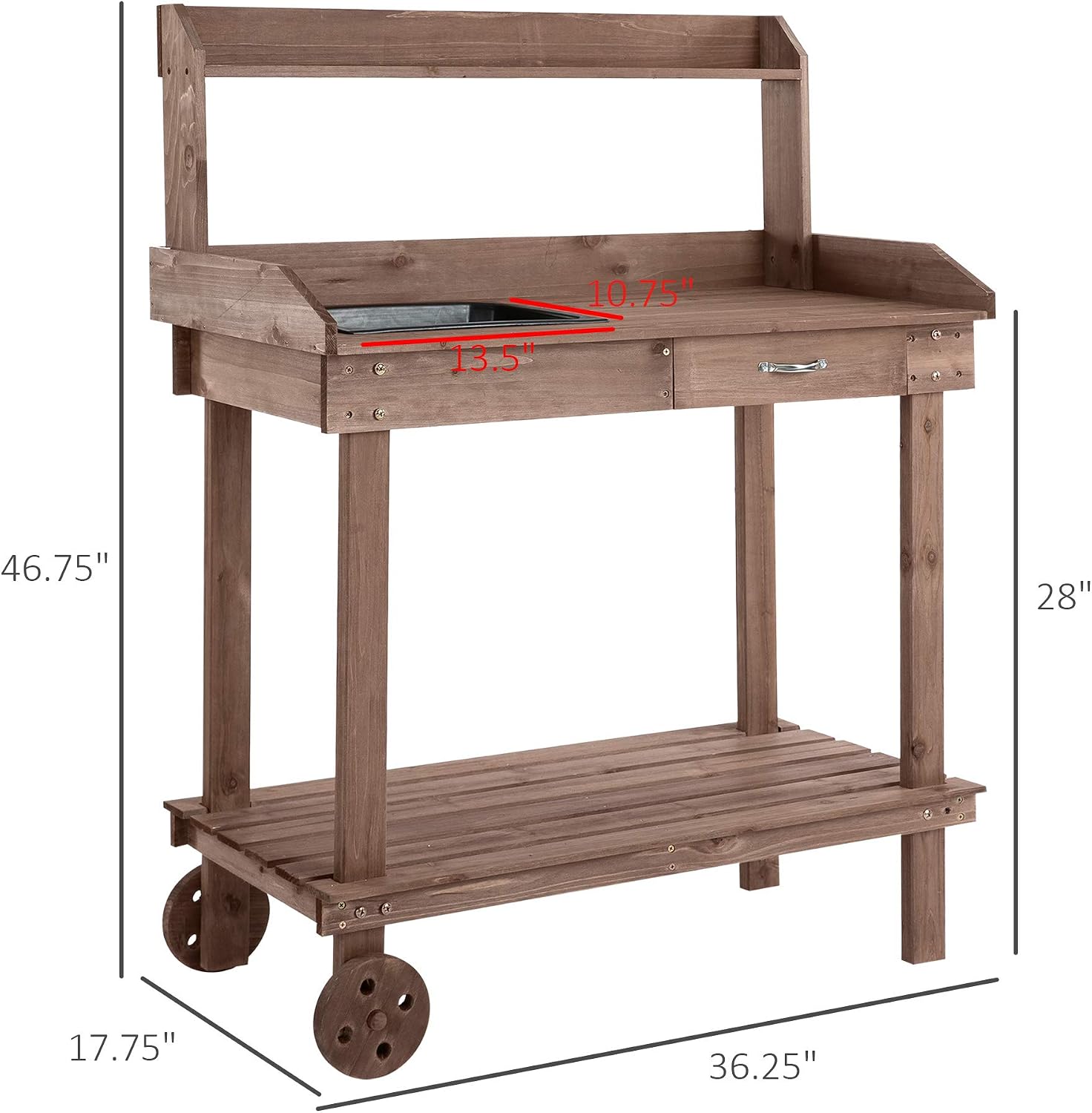 36'' Wooden Potting Bench Work Table with 2 Removable Wheels, Sink, Drawer Large Storage Spaces, Brown