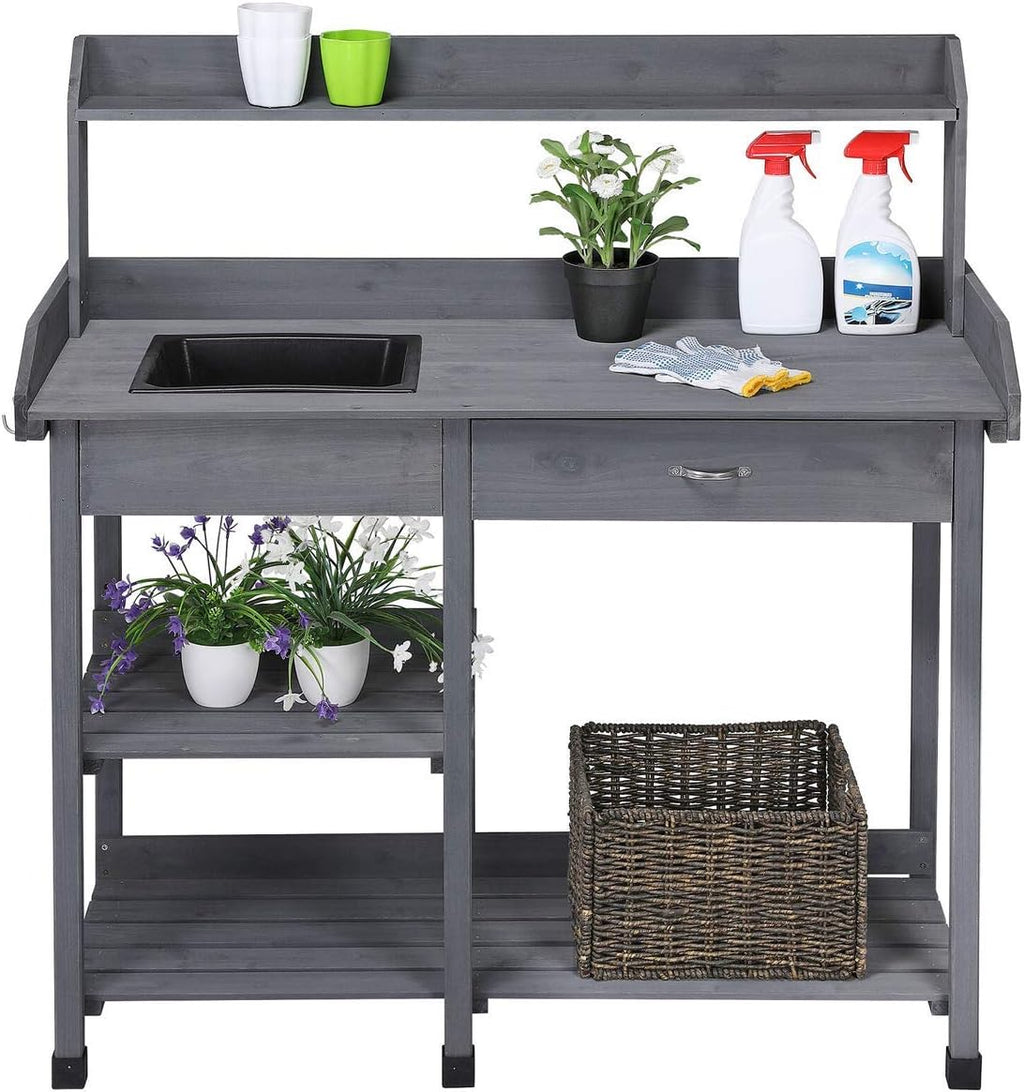 Wooden Potting Bench Work Table with Storage Display Shelves and Sink Durable Sturdy Heavy Duty Versatile Contemporary for Home Garden Backyard Patio Greenhouse Outdoor Garage Planter Flowers Pot