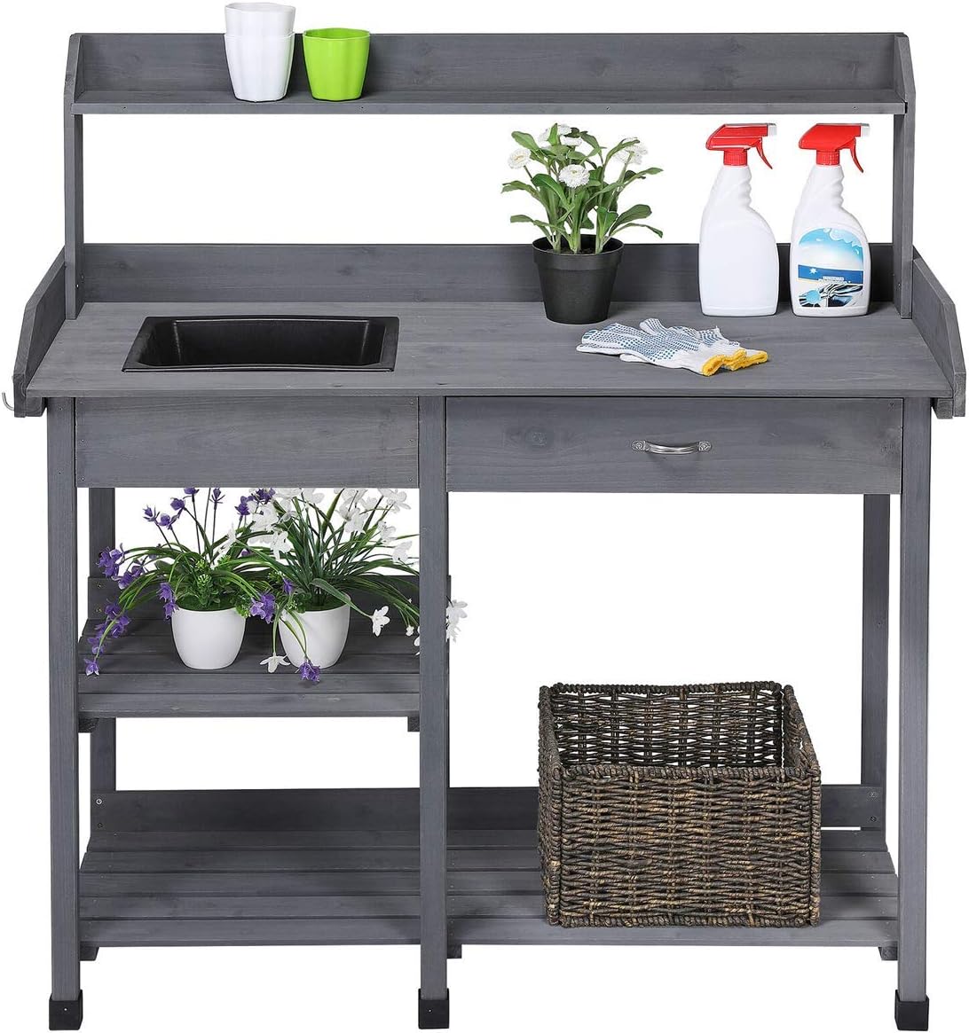 Wooden Potting Bench Work Table with Storage Display Shelves and Sink Durable Sturdy Heavy Duty Versatile Contemporary for Home Garden Backyard Patio Greenhouse Outdoor Garage Planter Flowers Pot