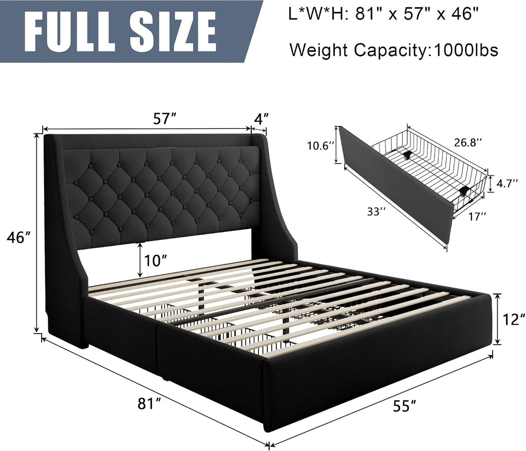 Full Size Bed Frame with 4 Storage Drawers & Charging Station, Linen Button Tufted Wingback Headboard Upholstered Platform Bed, Sturdy Wooden Support Slats, No Box Spring Needed, Dark Grey