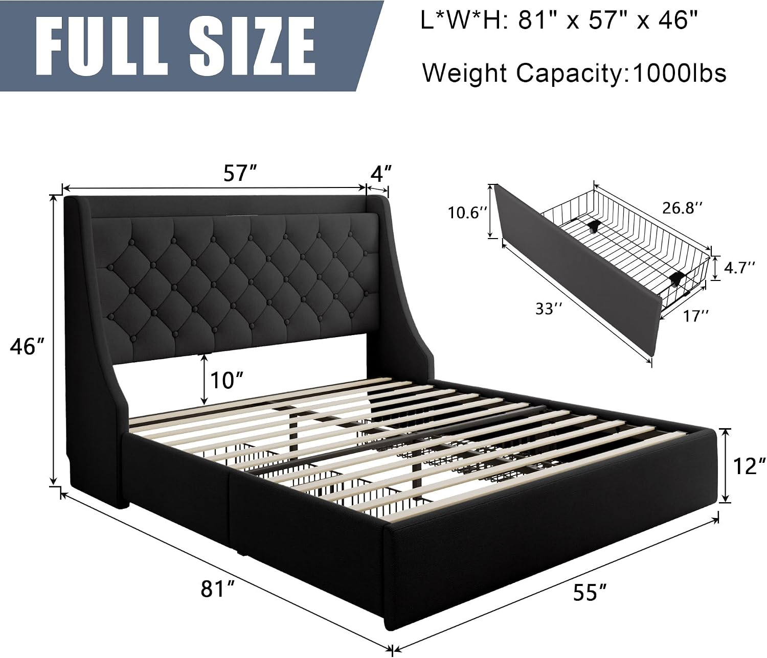 Full Size Bed Frame with 4 Storage Drawers & Charging Station, Linen Button Tufted Wingback Headboard Upholstered Platform Bed, Sturdy Wooden Support Slats, No Box Spring Needed, Dark Grey