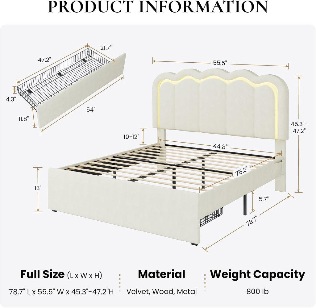 SHA CERLIN Upholstered Full Size Bed Frame with LED Lights and Large Storage Drawer, Velvet Platform Bed with Adjustable Wavy Headboard, Noise Free, Easy Assembly, No Box Spring Needed, Soft Cream