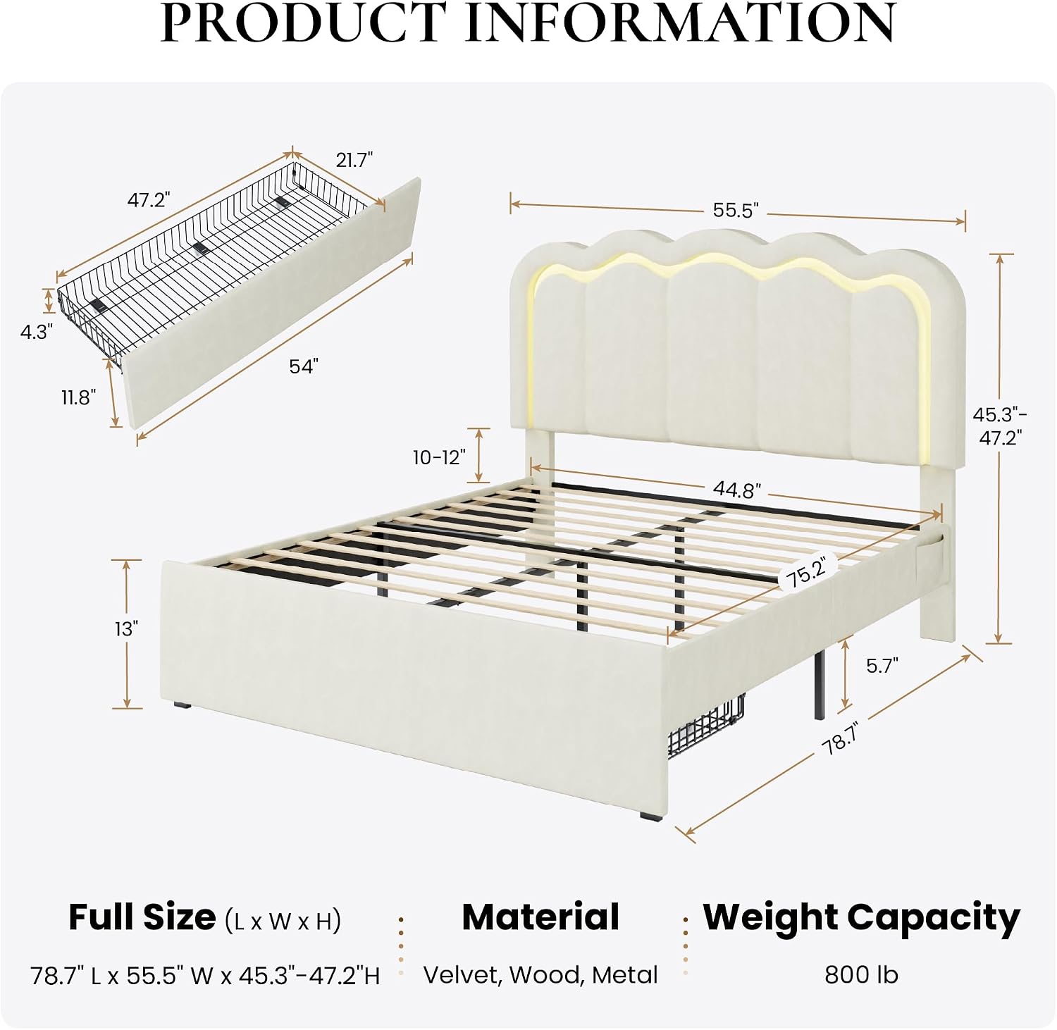 SHA CERLIN Upholstered Full Size Bed Frame with LED Lights and Large Storage Drawer, Velvet Platform Bed with Adjustable Wavy Headboard, Noise Free, Easy Assembly, No Box Spring Needed, Soft Cream