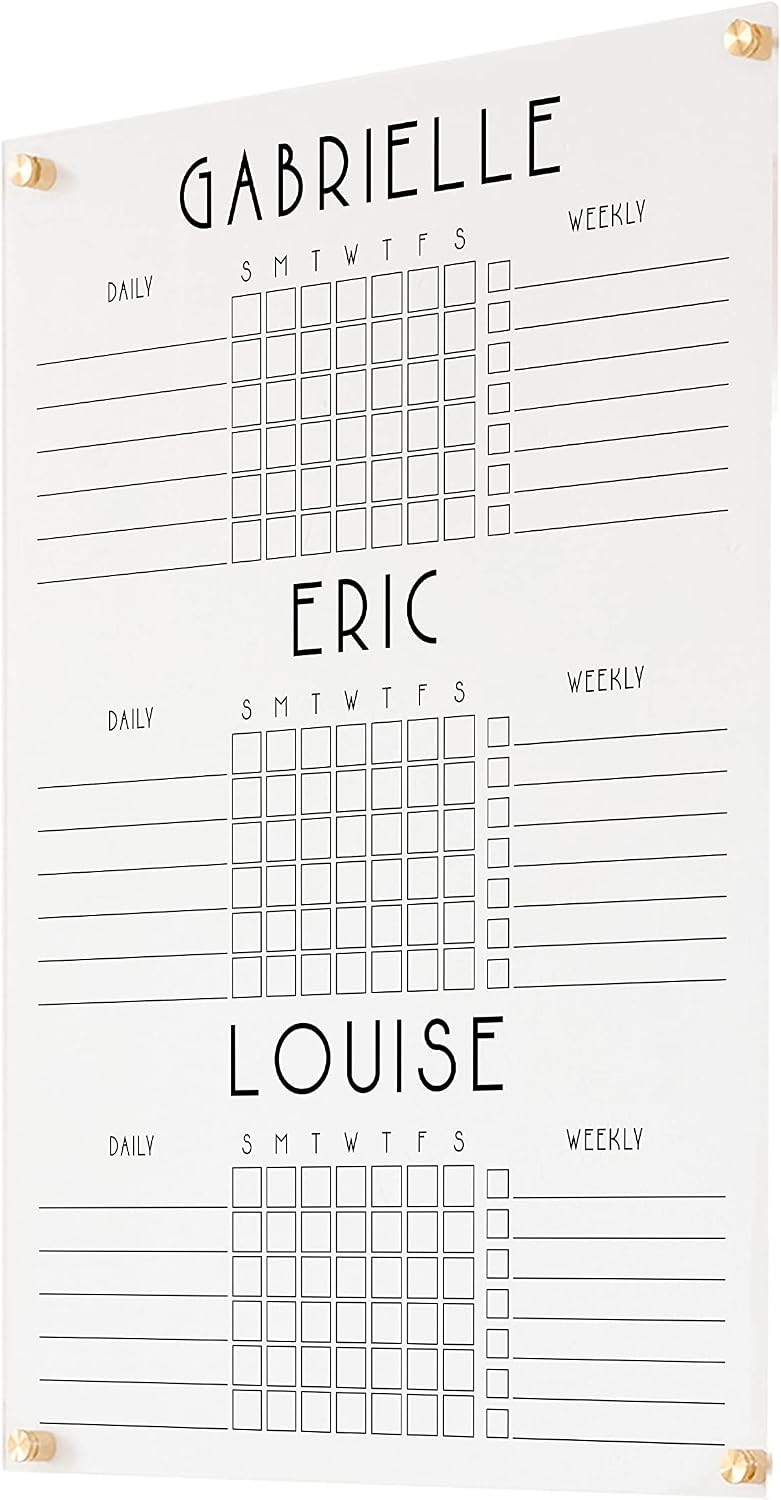 Personalized Chore Chart for Three Children | Custom Chore Chart for Girls and Boys dry erase clear acrylic minimalist homeschool (23'W x 31'H, Champagne Gold Standoffs)