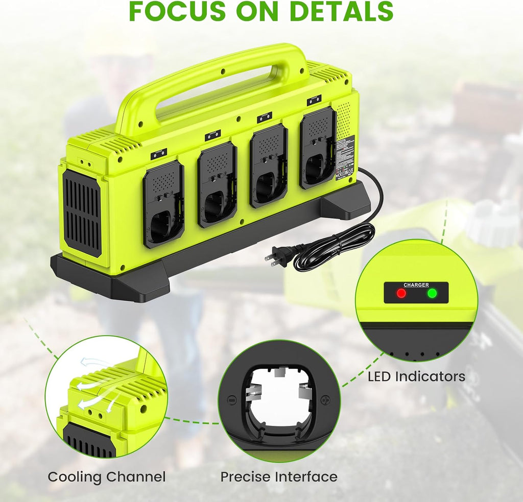8-Port Charger for Ryobi 18V Battery, Simultaneous Fast Charging Station | Charge up to 8 Ryobi One+ batteries simultaneously with smart cooling, LED status indicators, and portable carry handle.