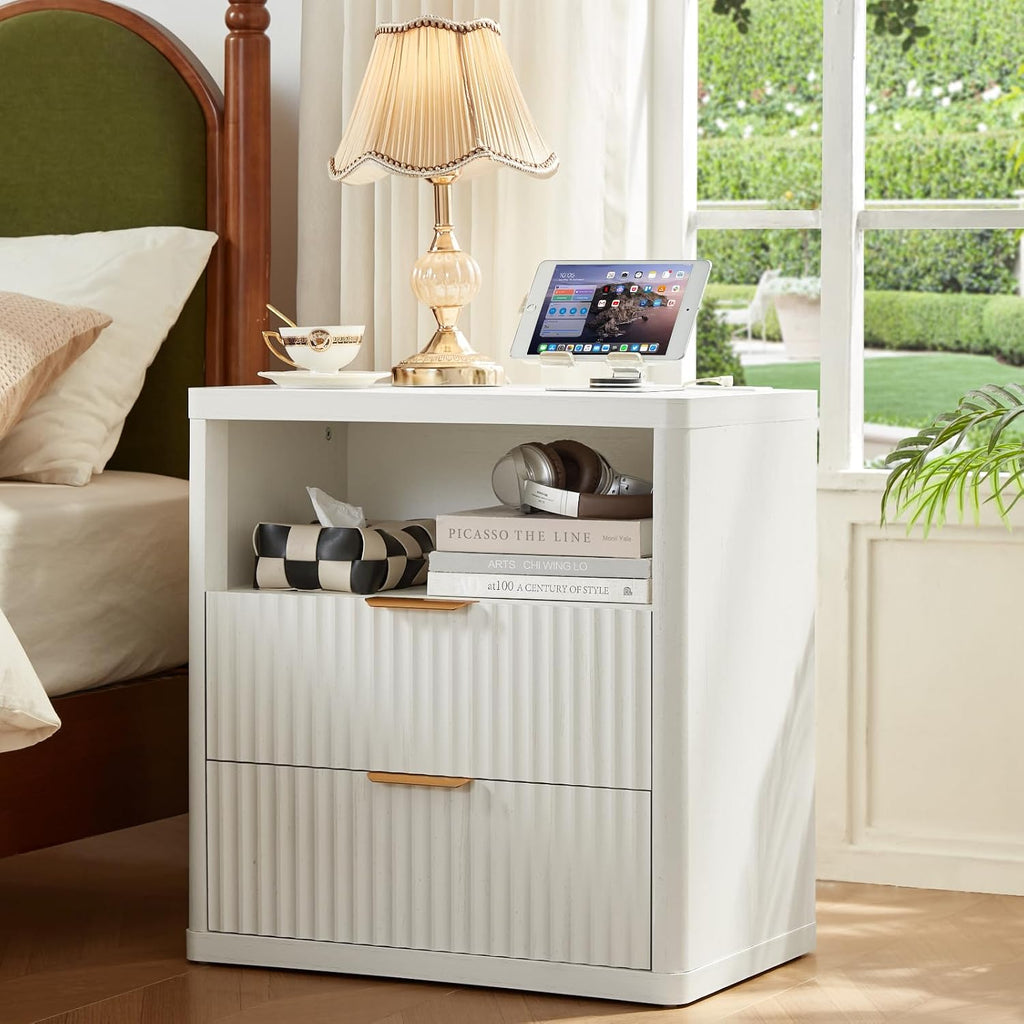 LEYAOYAO Fluted Dresser and 2 Drawers Nightstand Set of 2, Wood 48' Wide Dresser & 23' Night Stand with Charging Station, 3 Piece Bedroom Furniture Set, Chest of Drawers for Living Room,Antique White