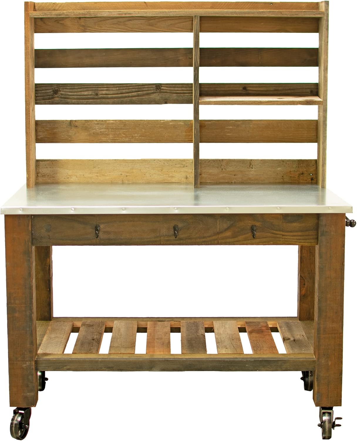 Potting Bench with Hardware Hooks & Towel Bar - Buffet Table Island Workbench Outdoor Patio Garden Furniture Wood Rolling Cart & Zinc Table-Top w/Black Iron Castors & Brakes (5in Black Caster)