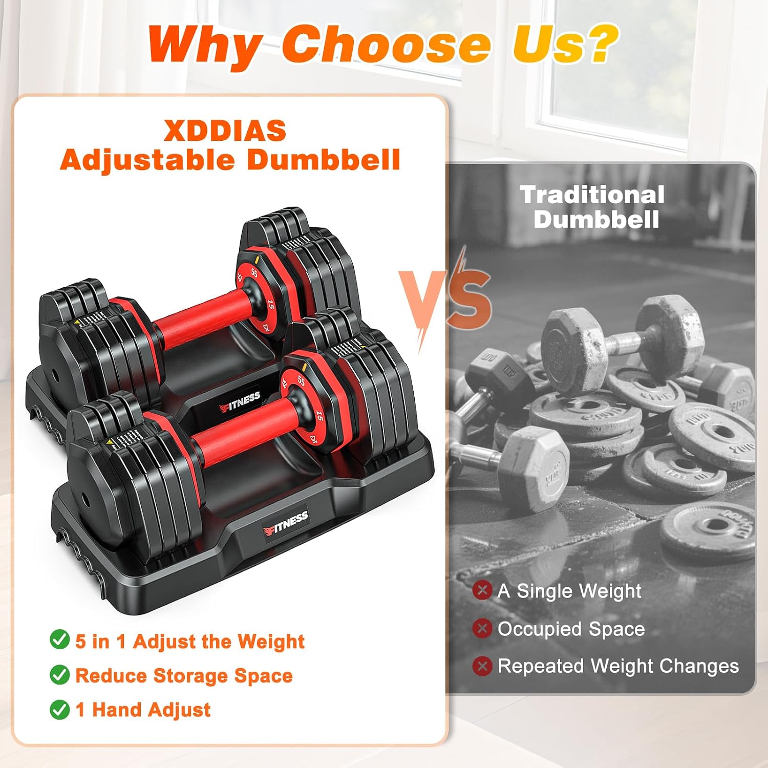 XDDIAS Adjustable Dumbbells Set of 2 for Strength Training, One-Hand Quick Adjust, 25/55/80/90 lbs Options, Anti-Slip Grip Handle, Compact Home Gym Weights for Men Women