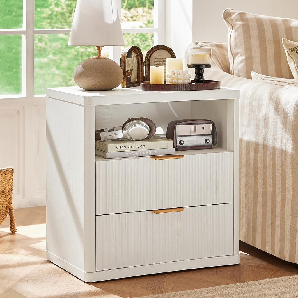 LEYAOYAO Fluted Dresser and 2 Drawers Nightstand Set of 2, Wood 48' Wide Dresser & 23' Night Stand with Charging Station, 3 Piece Bedroom Furniture Set, Chest of Drawers for Living Room,Antique White
