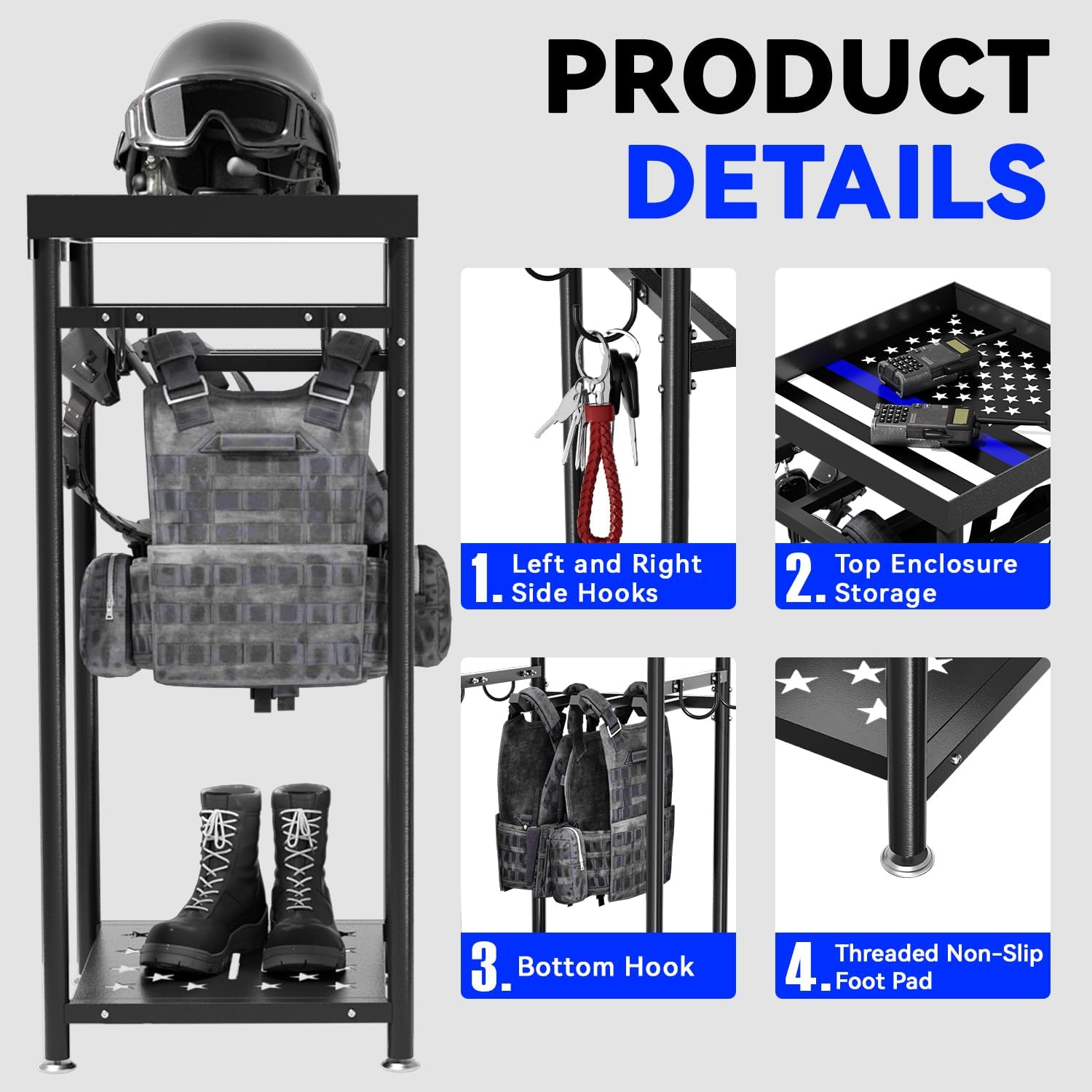 Freestanding Police Gear Stand with Hooks, Heavy Duty Metal Hanger for Body Armor, Duty Belt, Vest & Uniform Storage, Black Tactical Gear Rack Fits Law Enforcement, Security, Academy Graduation Gift