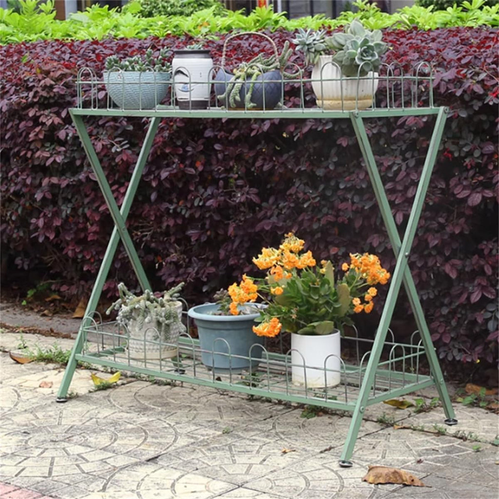 Garden Plant Stand,Outdoor Potting Bench Table,Old Balcony Iron Flower Stand with Fence,2 Tier Metal Waterproof Plant Shelf,for Living Room Patio Home Decor,Green
