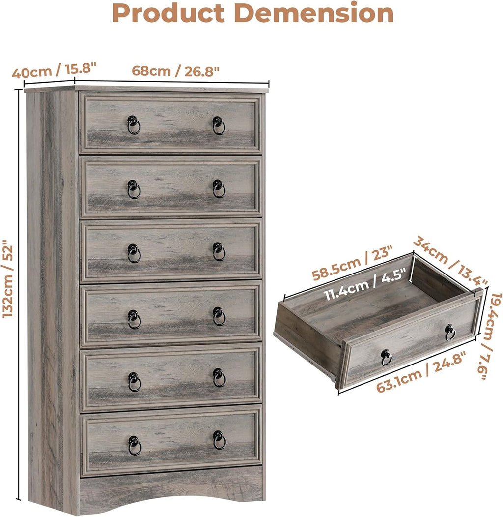 VVFLU 6 Drawer Dresser Tall, 52' Tall Grey Dresser for Bedroom, Chest of Drawers, Large Storage Organizer for Clothes, Grey Vintage, for Living Room, Bedroom, Hallway