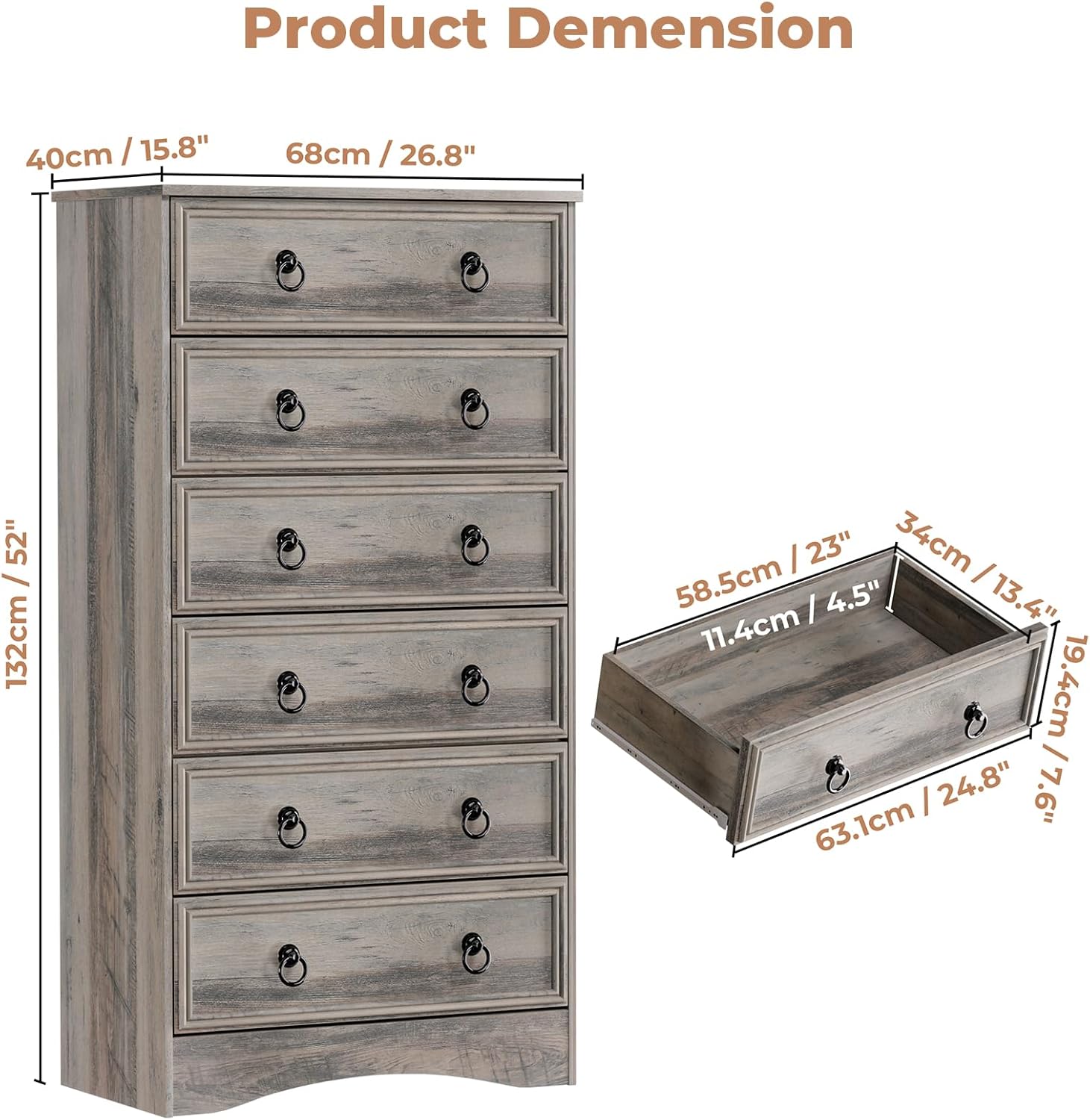 VVFLU 6 Drawer Dresser Tall, 52' Tall Grey Dresser for Bedroom, Chest of Drawers, Large Storage Organizer for Clothes, Grey Vintage, for Living Room, Bedroom, Hallway
