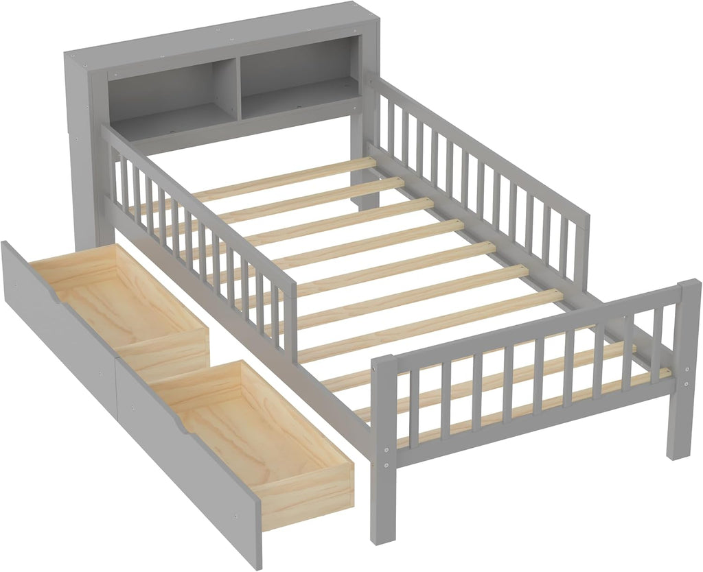 Kids Twin Size Bed Frame with Storage Drawers and Bookcase,Wood Twin Bed Frames for Kids,Twin Bed Frame with Headboard and Footboard for Boys Girls,No Box Spring Needed,Gray
