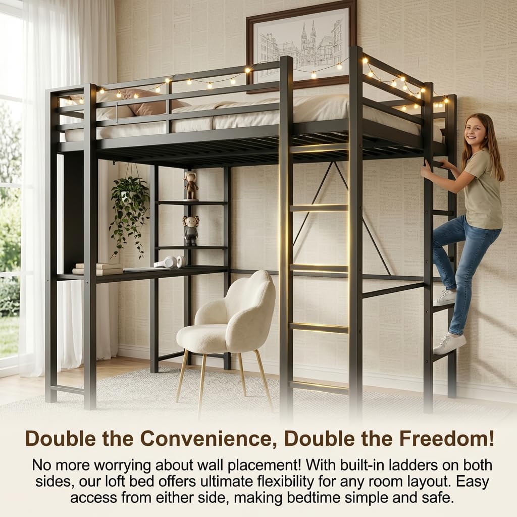 SUNLEI Loft Bed with Desk, Metal Loft Bed Full Size with 2 Built-in Ladders, Space-Saving Bed Frame, with Safety Guard, Noise Free for Small Bedroom, (Full Size) Black