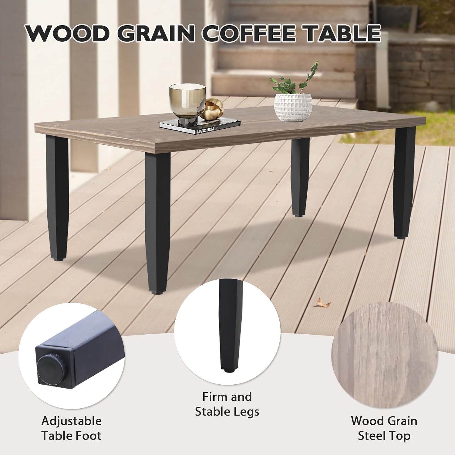 EAGLE PEAK Modern Outdoor Table, Patio Coffee Table with Wood Grain Top for Deck, Porch, Balcony, Garden