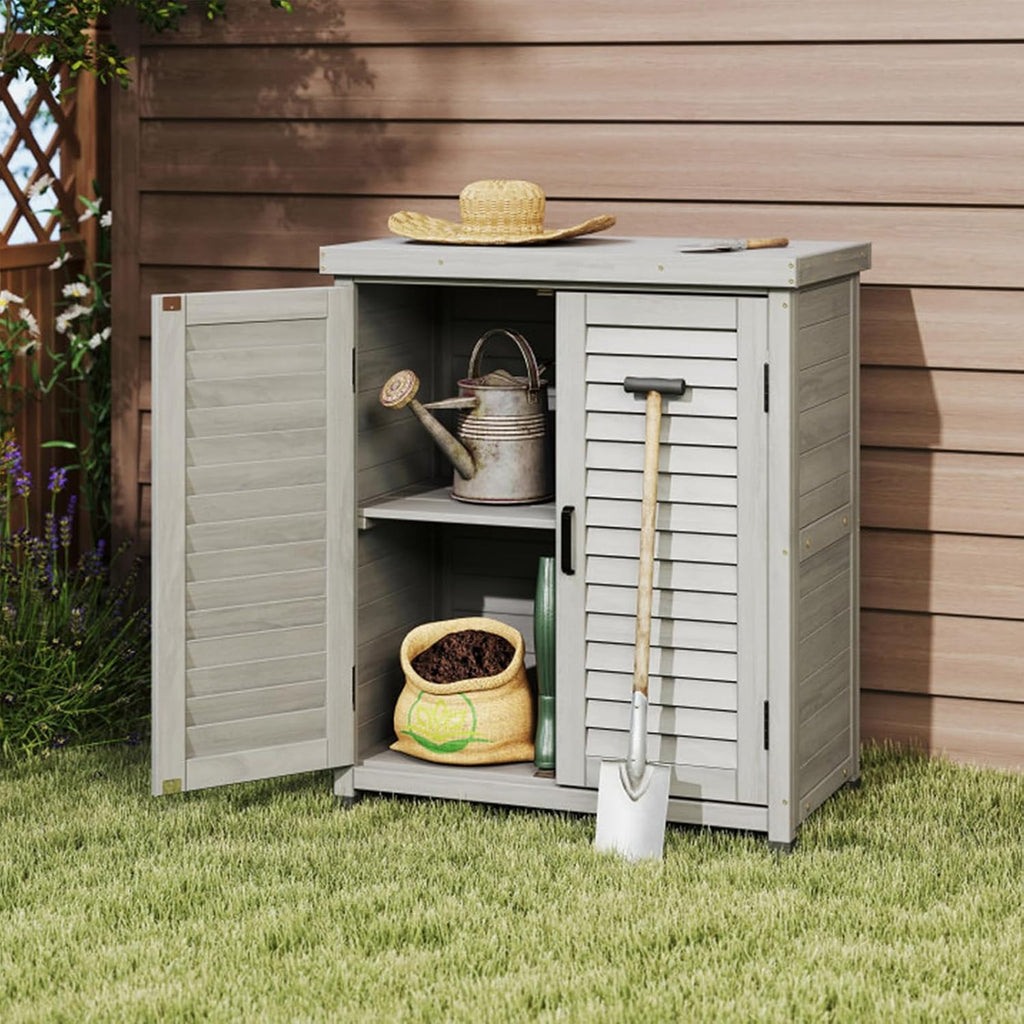 Outdoor Tool Storage Cabinet, Potting Bench with Storage Cabinet, Small Weather-Resistant Potting Table with Metal Table Top for Garden Backyard Patio, Gray