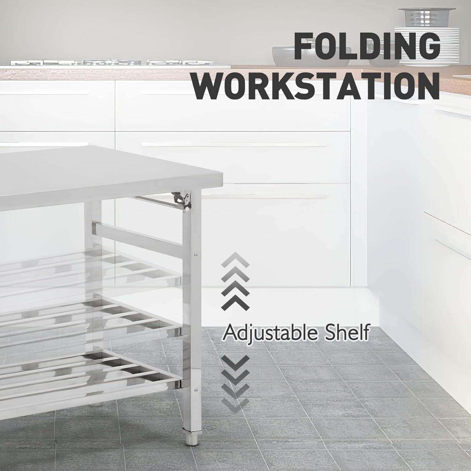 48''x24'' Stainless Steel Folding Preparation Table with Adjustable Undershelf, NSF Commercial Heavy-Duty Workbench, for Kitchen, Hotel, Home, Outdoor Cooking Table