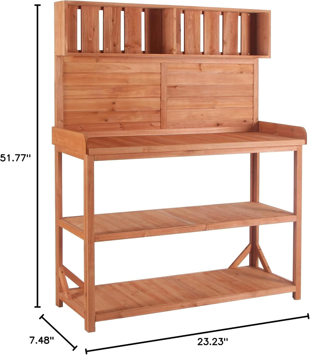 65' Large Wooden Farmhouse Rustic Outdoor Potting Bench Table, Patio Workstation, Garden with 4 Storage Shelves and Side Hook,Natural