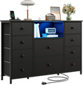 Dresser for Bedroom with 10 Drawers, Black Storage Organizer TV Stand for 55' TV with LED Lights and Sockets, Fabric Chest of Drawers with PU Finish for Closets, Entryway, Living Room, Hallway