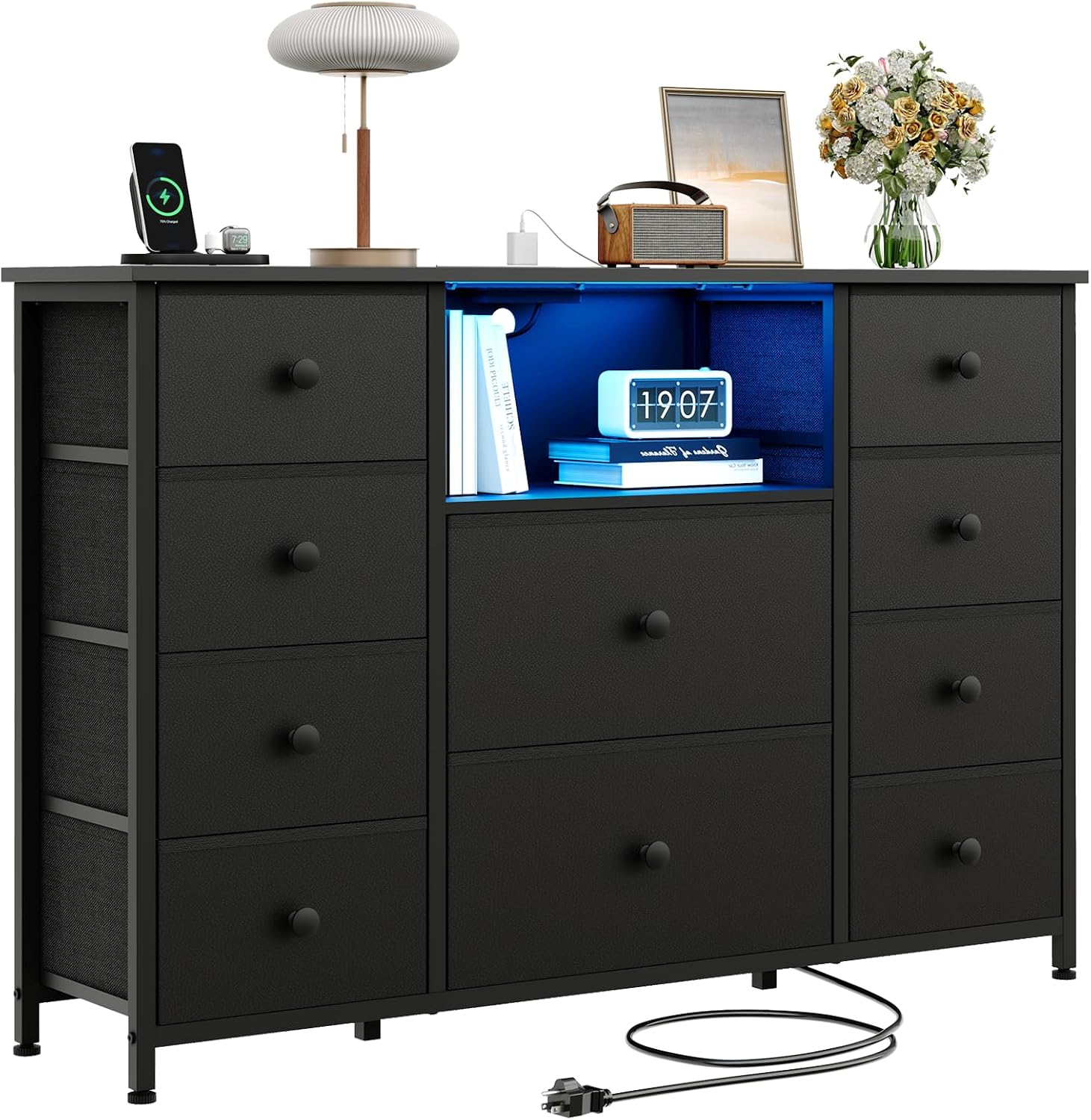 Dresser for Bedroom with 10 Drawers, Black Storage Organizer TV Stand for 55' TV with LED Lights and Sockets, Fabric Chest of Drawers with PU Finish for Closets, Entryway, Living Room, Hallway