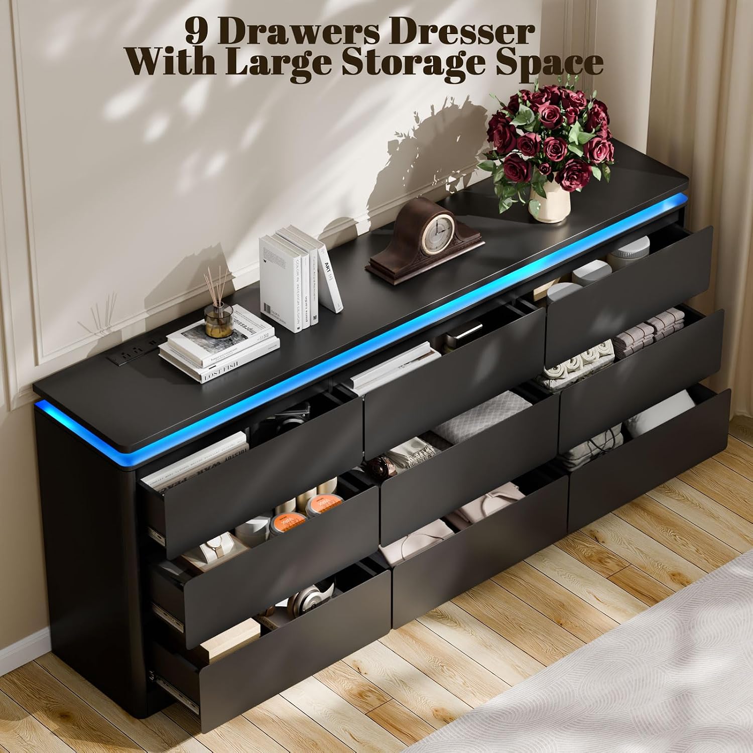 9 Drawer Dresser for Bedroom, 63' Long Black Chest of Drawers with Charging Station & LED Lights, Curved Anti-Collision Design,Wooden Closet Storage Cabinet,Modern Dresser TV Stand with Deep Drawers