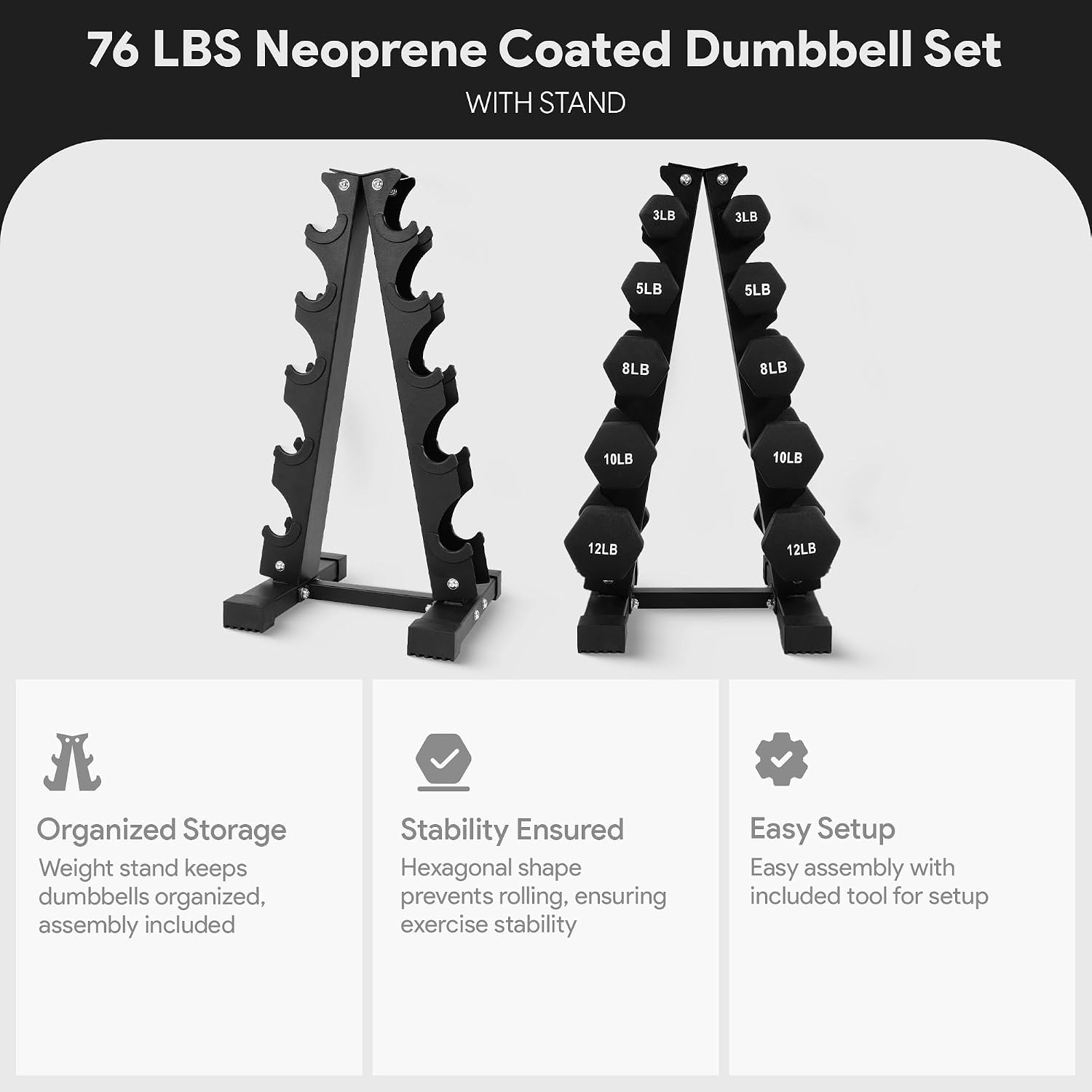 BalanceFrom Neoprene Coated Iron Dumbbell Hex Weights Set with Stand – Color-Coded or Black Options with Non-Slip Grip for Strength Training, Resistance Workouts, and Home Gym Fitness