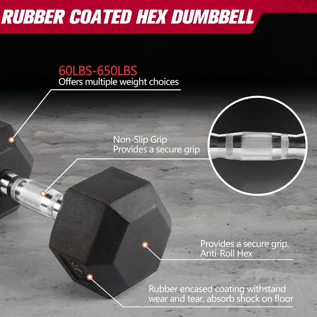 RitFit Rubber Coated Hex Dumbbell Set with Rack, 5-780LB for Home Gym Strength Training, Anti-Slip Knurled Handle, Hexagon Anti-Roll, Heavy-Duty Storage Rack