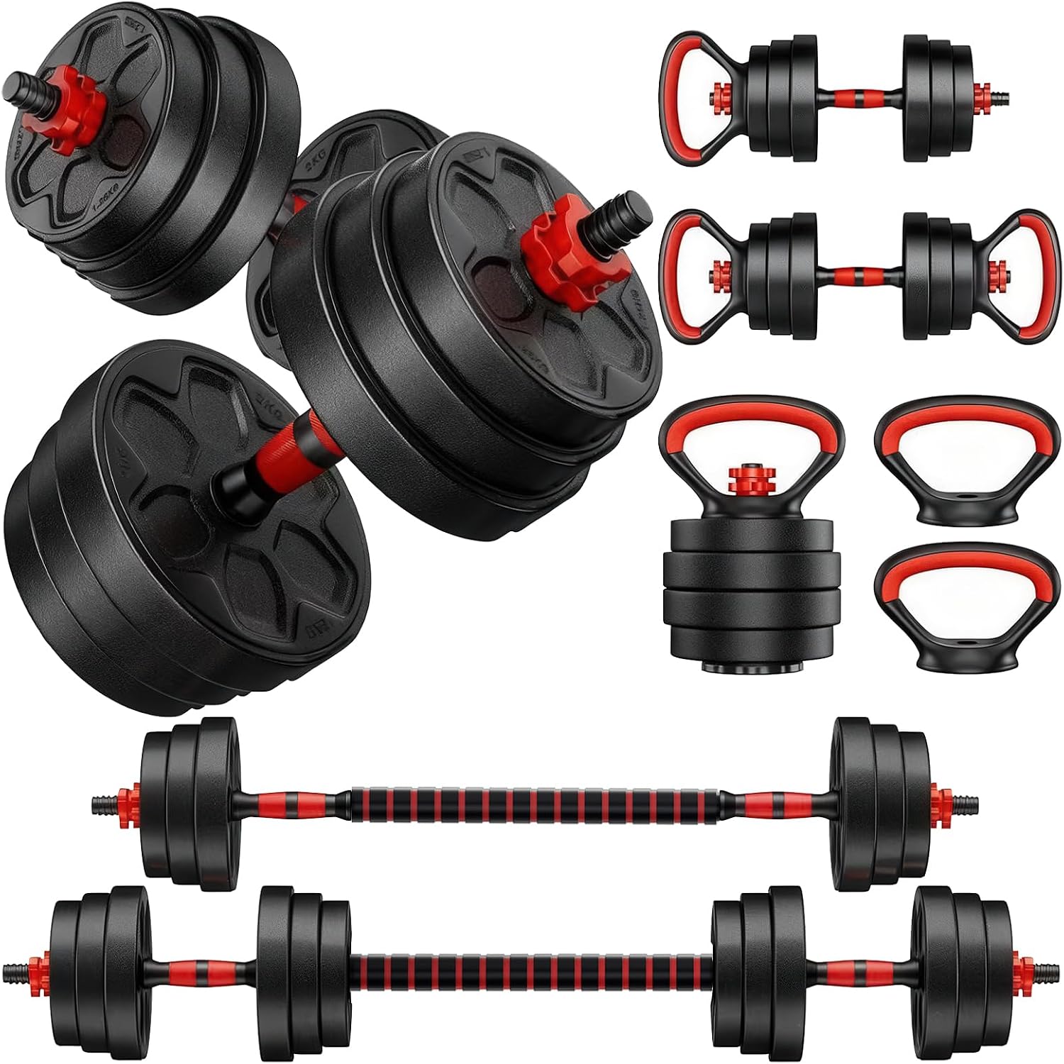 KEY2FUN Adjustable Dumbbells, 22/33/44/66/88LBS Free Weight Set with Connector, 4 in 1 Weight Set Used as Kettlebells, Barbell, Push up Stand, Fitness Exercises for Home Gym Suitable Men/Women