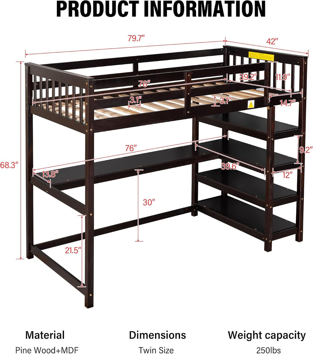Merax Wood Loft Bed with Desk and Shelves : Twin Size Bed with Storage Shelves and Under-Bed Desk, Twin Loft Bed, Espresso Color