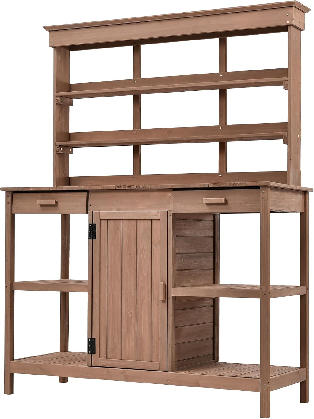 Roomfitters 66' Farmhouse Outdoor Potting Bench Table with 2 Drawers, Cabinet and Open Shelves, Brown