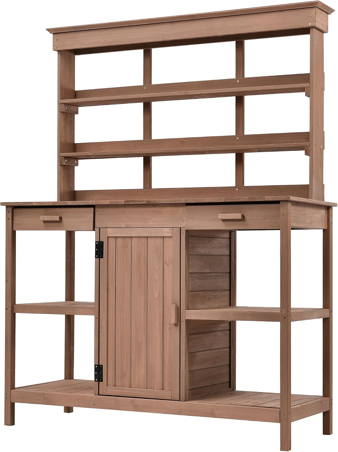 Roomfitters 66' Farmhouse Outdoor Potting Bench Table with 2 Drawers, Cabinet and Open Shelves, Brown