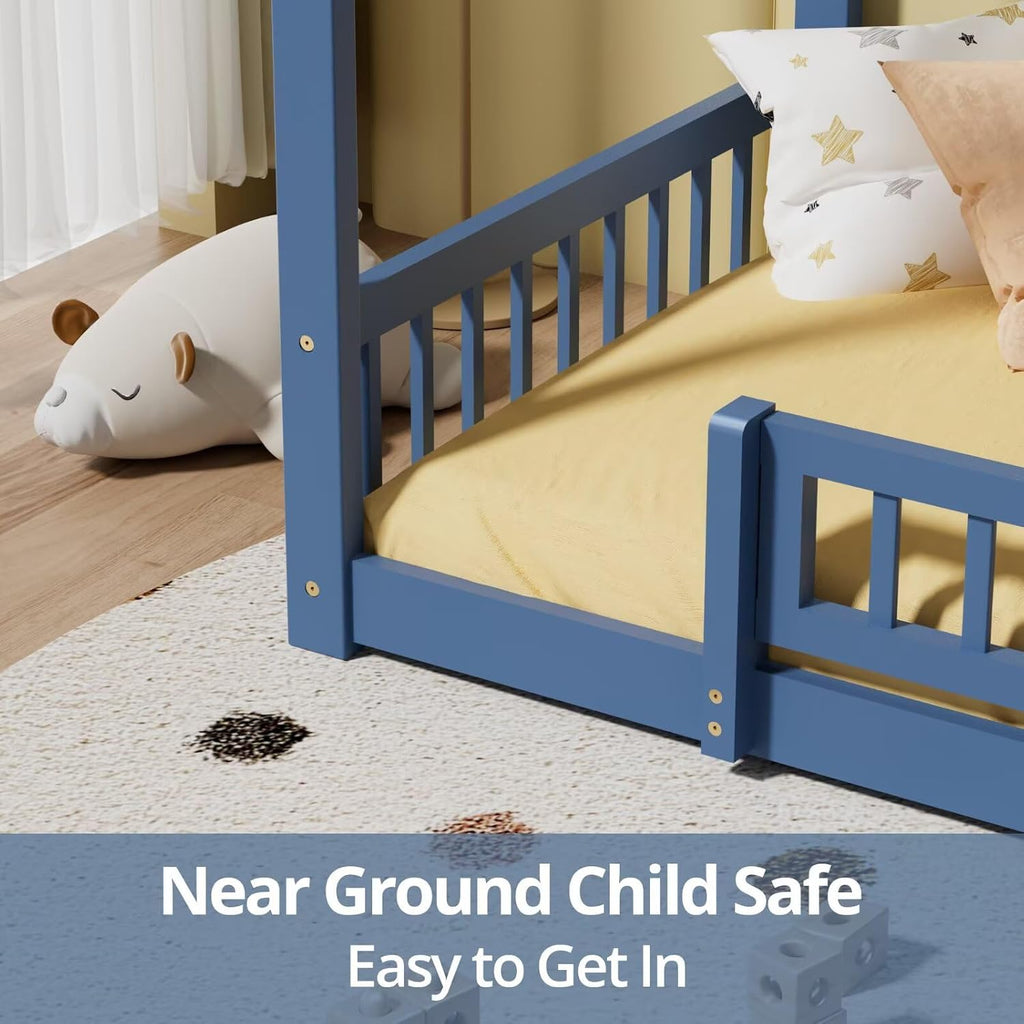 LLS Full House Floor Bed Frame with Fence, Wooden Montessori Playhouse Bed with Slats Support for Boys Girls, Mist Blue