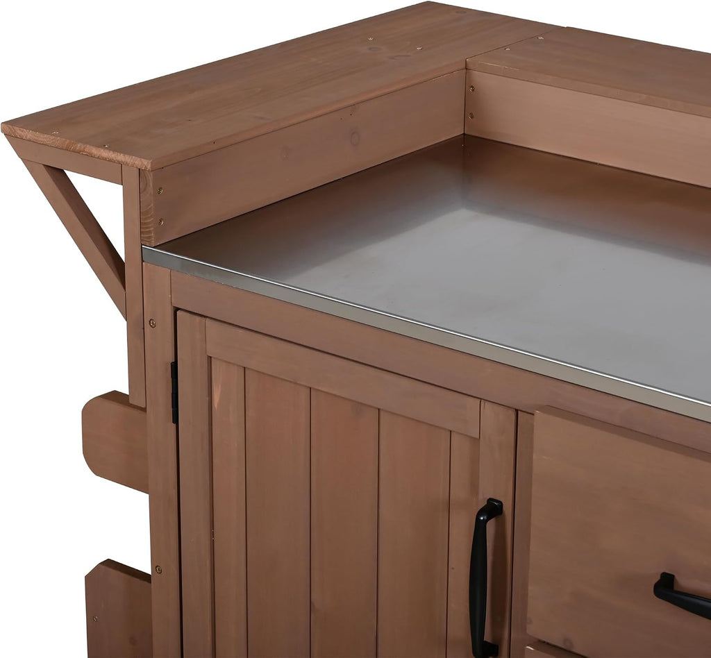 Modern 60.2''W Outdoor Kitchen Island with Wheels, Rolling Patio BBQ Kitchen Cart with Stainless Steel Top, Wood Grill Cart with Spice Rack&Wine Rack,2 Drawers (Brown-60.2'')