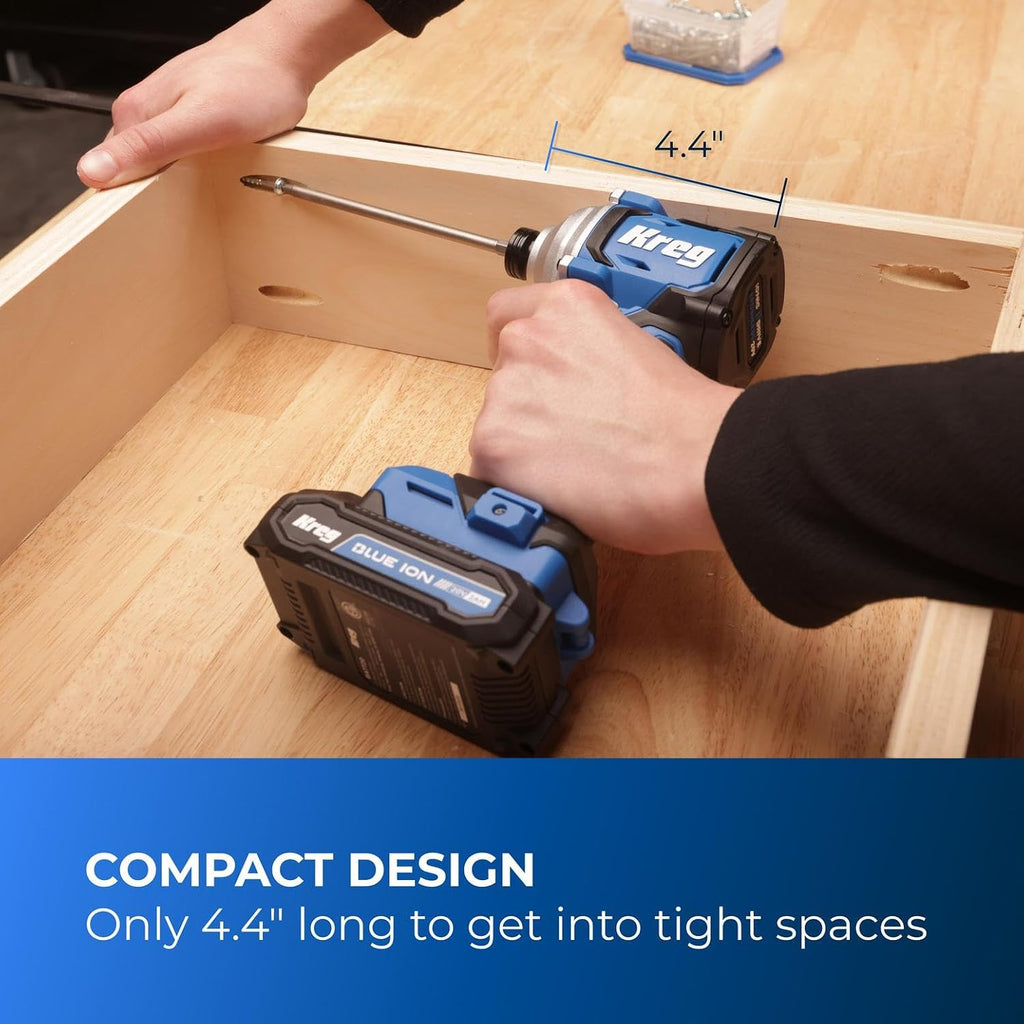 Kreg 20V Ionic Drive 1/4' Compact Impact Driver, 20V Blue Ion Charger & Blue Ion 2Ah Battery Pack - Compact, Cordless Driver with 2,200 in-lbs of Torque - 20V Variable Speed - LED Light - KPTBDV025A