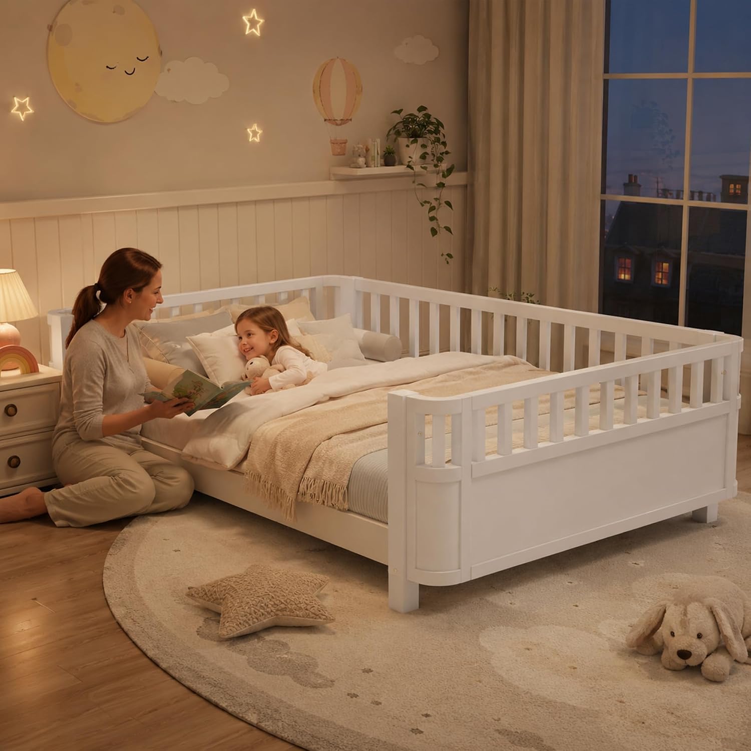 Full Size Kids Bed Frame, Low Profile Montessori Bed Full with Rails, Wood Daybed for Girls & Boys, No Spring Box Required, No Squeaks, White