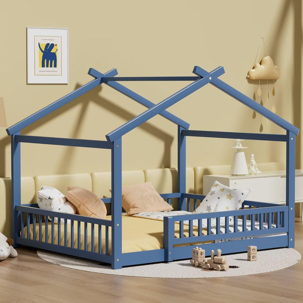 LLS Full House Floor Bed Frame with Fence, Wooden Montessori Playhouse Bed with Slats Support for Boys Girls, Mist Blue
