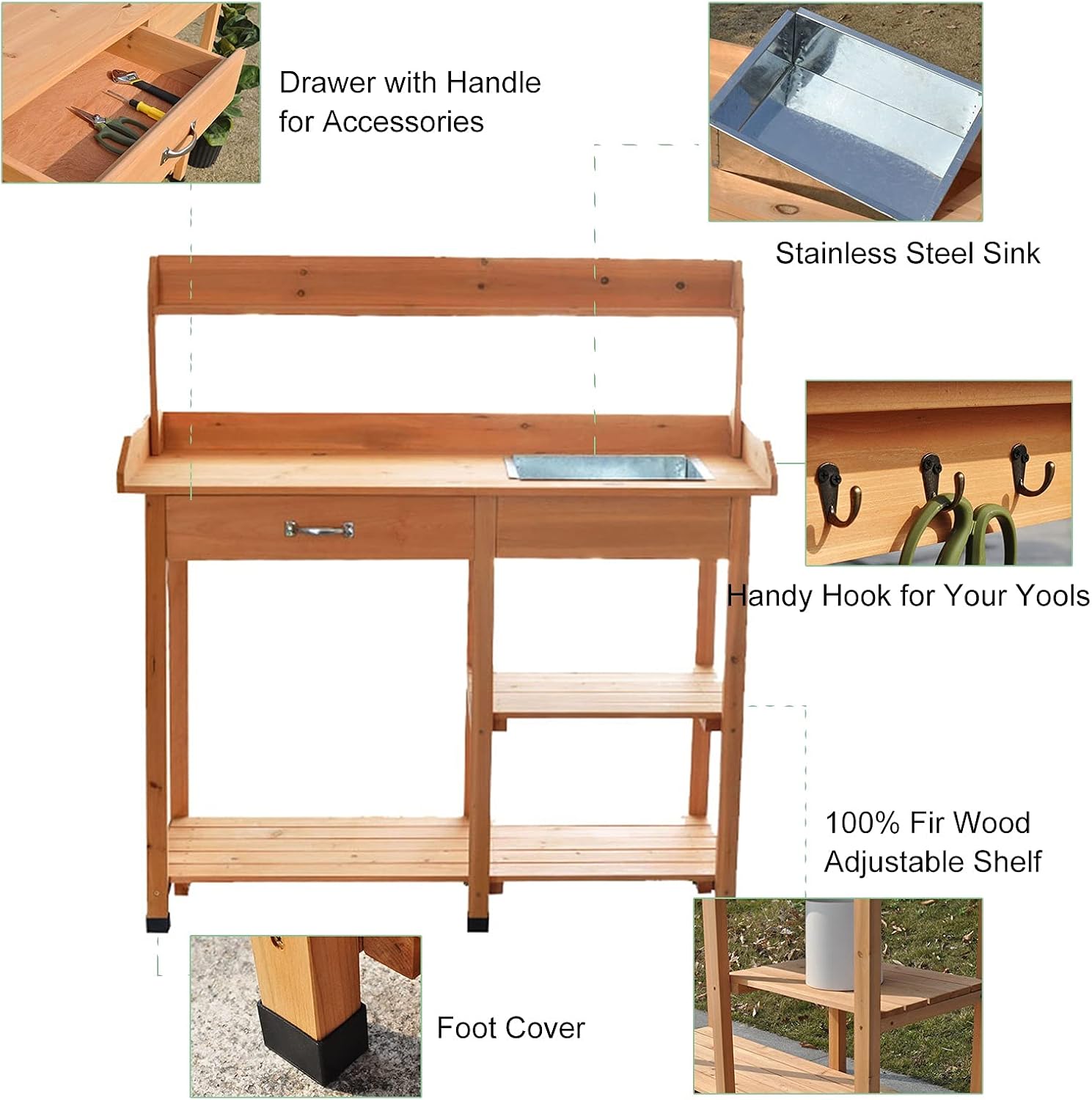 46 Inch Fir Wood Potting Bench Tables Wooden Outdoor Garden Workstation with Stainless Sink & Drawer Shelf Hook for Patio, Garden